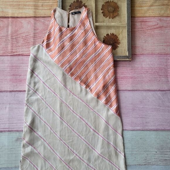 Zara Mixed Print Striped Satin Sleeveless Straight Shift Midi Slip Dress‎ M - Picture 7 of 8